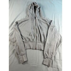 HM Divided Womens XL Cropped Zip Up Hoodie Gray Fleece Raw Edge Ruffle